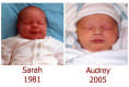 View - A side-by-side comparison of Sarah and Audrey's baby pictures